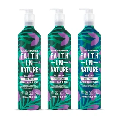 Image of Faith In Nature Natural Shampoo, Conditioner &amp; Body Wash Set Aluminium Bottles Vegan Cruelty Free, No SLS or Parabens 3 x 500ml, Lavender Geranium