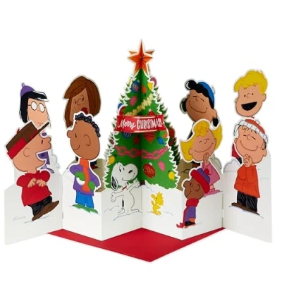 Image of Hallmark Christmas Card, 3D and Pop Up Peanuts Comics, Charlie Brown, Snoopy, tree