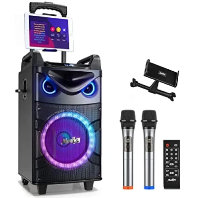 Image of Moukey Karaoke Machine,10 Inch Subwoofer PA System,Bluetooth Speaker with 2 Wireless Microphones,Tablet Holder,Disco Lights,Remote,Wheels,Supports Bass/Treble Adjustment,TWS/REC/AUX/MP3/USB/FM/TF