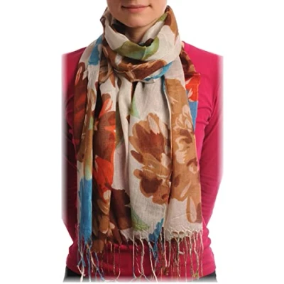 Image of LissKiss Large Mocha &amp; Brown Flowers With Tassels On Cream Designer Scarf