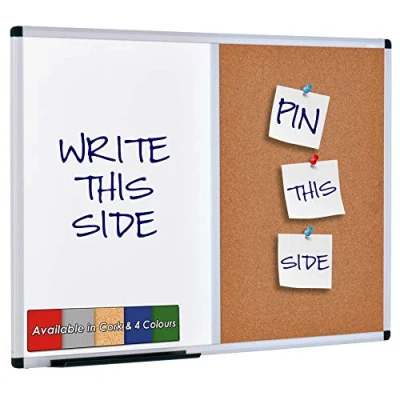 Image of Wonderwall Premium Aluminium Framed Dual Combination Noticeboard Pinboard/Dry Wipe Whiteboard 90 x 60cm (Cork) Office, School, Home