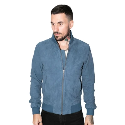 Image of Infinity Men&#039;s Varsity Blue Leather Suede Bomber Jacket M