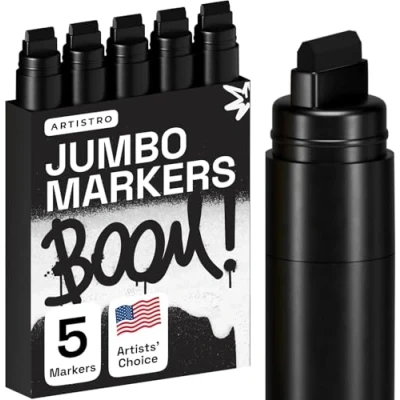 Image of ARTISTRO 5 Jumbo Black Markers, Calligraphy Pen 15mm Felt Tip, Acrylic Paint Markers for Rock Painting, Stone, Ceramic, Glass, Wood, Canvas