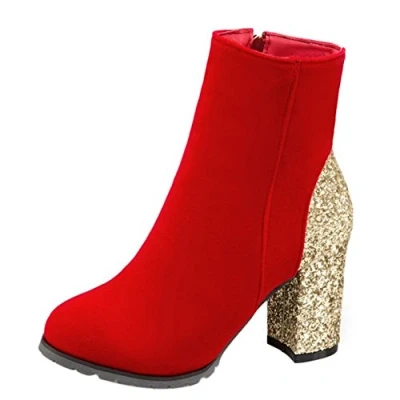 Image of Cocey Women Ankle Boots Bling Chunky Heel Red