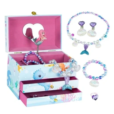 Image of AdelDream Music Box Jewellery (five piece jewelry set) Little Girl Daughter and Lady Friend Gift Birthday Children&#039;s Gift(Three Layers Mermaid Blue)