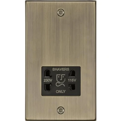 Image of KnightsBridge 115 230V Dual Voltage Shaver Socket with Black Insert Square Edge Antique Brass