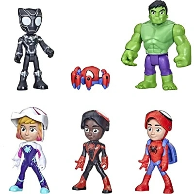 Image of Hasbro Marvel F1486FF2 Spidey and His Amazing Friends Hero Reveal Multipack with Mask Flip Feature, 10 cm Action Figure Toys, Kids 3 Up, Black Amazon Exclusive
