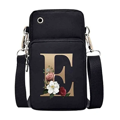 Image of FINDING CASE initial letter Printed Women Girls men Zipper Waterproof Nylon 3 Layers Crossbody Bags Wallet Cellphone Purse Shoulder Bag Wristlet Handbags Adjustable Strap (gold E)