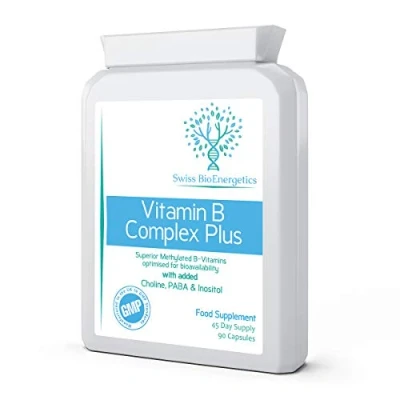 Image of Vitamin B Complex Plus 90 Capsules Superior Methylated Formula with Added Choline, PABA &amp; Inositol Includes Essential Multi Vitamins B1, B2, B3, B5, B6, B12, Biotin Folate