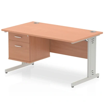 Image of Impulse 1400x800 Desk Beech Silver Cable Managed Leg + Fixed Pedestal