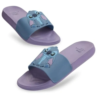Image of Disney Girls Sliders, Pool or Beach Shoes for Kids Gifts (Lilac/Blue Stitch, 7/8 UK)