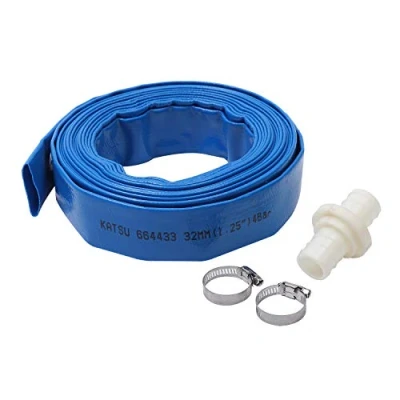 Image of KATSU Layflat Discharge Hose Pipe 10m x 32mm 1 1/4 Inch Diameter with 2 Clips and Quick Coupler Connector, Fits Submersible &amp; Other Water Pumps for Draining Pond, Garden Irrigation, Hot Tub, Pool