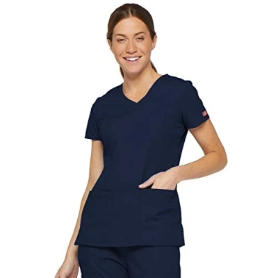 Image of Dickies womensMultiple Patch PocketsEds Signature V Neck Top with Multiple Pockets Short Sleeves Medical Scrubs Shirt Blue Small