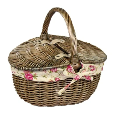 Image of Red Hamper Antique Wash Double Lidded Oval Picnic Basket Garden Rose Lining, Wicker, Brown, 23 x 30 17 cm