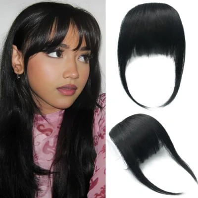 Image of Real Human Hair Bangs Thick Clip in Fringe Extension Unprocessed Fringe, 1b# Black Color