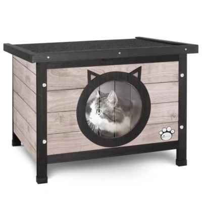 Image of VOUNOT Cat House Garden Wooden Kitten Home with Ear Design Door, Water resistant Openable Roof Outdoor Pet Shelter 57x45x43cm, Grey