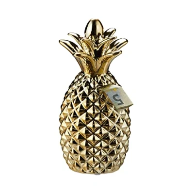 Image of Relaxdays Pineapple Money Box, Ceramic Piggy Bank, Notes &amp; Coins, Home Décor, Gift Kids Adults, HxW 24 x 10.5 cm, Gold, Rubber, Pack of 1