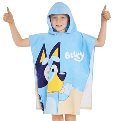 Image of Bluey Towelling Poncho Hooded Robe for Kids One Size Cotton Changing Holiday Beach Poncho, Swimming, Bath (Blue/Orange)