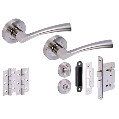 Image of HANDLEZONE® Lobo Door Handles on Rose Bathroom Lock Pack with 75mm Ball Bearing Hinges and 76mm Dual Polished/Satin Nickel