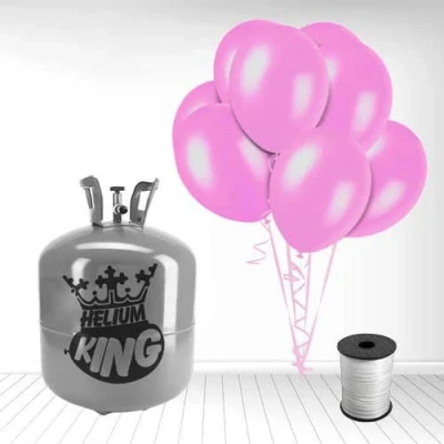 Image of Disposable Helium Gas Cylinder with 50 Crystal Pink Balloons and Curling Ribbon