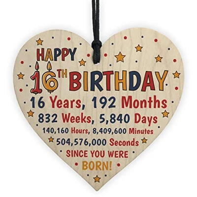 Image of RED OCEAN 16th Birthday Gift For Daughter Son Wooden Hanging Heart Sixteenth Card