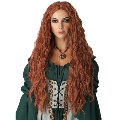 Image of PORSMEER Halloween Renaissance Maiden Queen Long Wavy Auburn Wigs for Women Middle Part Fluffy Curly Ginger Red Wig Synthetic Heat Resistant Hair Replacement Daily Party Use (Auburn)