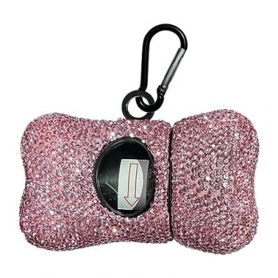 Image of Dog Poop Bag Holder Bling Crystal Waste Bags Dispenser for Pet Doggy with Metal Carabiner Clip (Pink)
