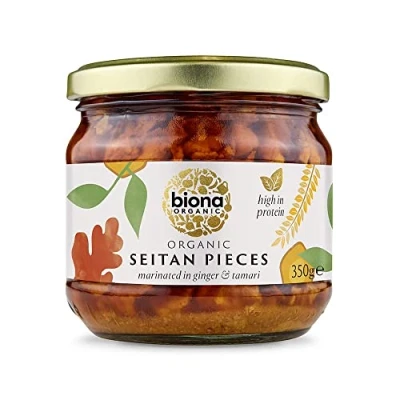 Image of Biona Organic Seitan Pieces 350g, Pack of 6 Jars Organic, Marinated in Ginger &amp; Tamari Soya Sauce Source Protein Meat Substitute suitable for Vegetarians and Vegans