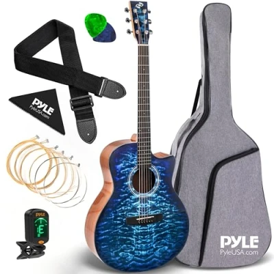 Image of Pyle Acoustic Guitar Kit, Guitar, Full Size Classical For Beginners, 2 Month Free Lessons, Steel String 41&quot;/104cm, Gig Bag,Tuner,Extra Strings,Strap,Picks, Right, Blue