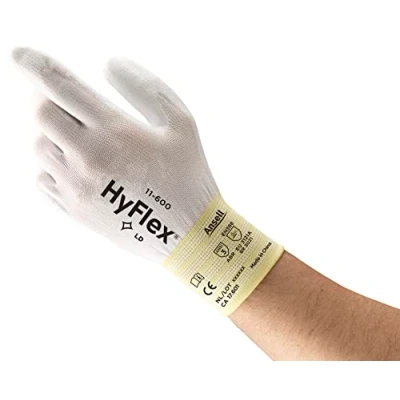 Image of Ansell HyFlex 11 600 Thin Work Gloves, Stretch Fit Nylon Liner with Flexible PU Coating, Lightweight Safety Gloves for Precision Handling, DIY and Mechanics, White, Size L (12 Pairs)