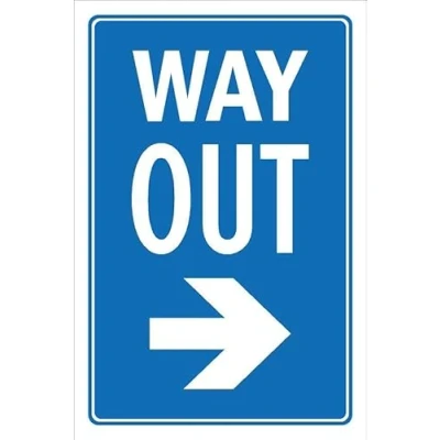 Image of Way out, arrow pointing right 1mm flexible Plastic sign (300mm x 200mm)