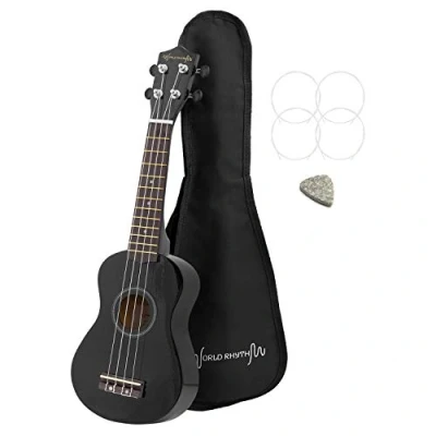 Image of World Rhythm Soprano Ukulele Premium Beginner Uke in Black Finish with Gig Bag, Spare Strings &amp; Felt Pick Fitted Aquila