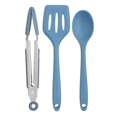 Image of Wiltshire Silicone Mini Kitchen Tongs, Serving Spoon &amp; Turner Set of 3, Cooking Tongs Spatula, Salad Stainless Steel, Heat Resistant Utensil, Non Stick, Scratch, Petrol Blue