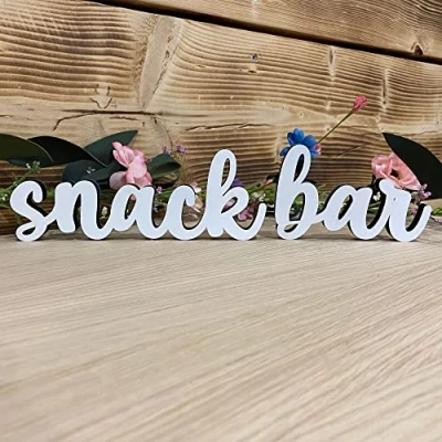 Image of Luck and Wedding Snack Bar Standing Table Sign, Wooden Decorations, White Freestanding Kids Party Food Decorations