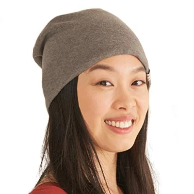 Image of Men &amp; Women Organic Cotton Beanie, Reversible Lightweight Summer Slouchy Knit Hat Made in Japan, Great for Chemo Headwear, Brown Cream, One Size