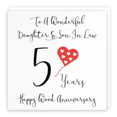 Image of Hunts England Daughter And Son In Law 5th Anniversary Card To A Wonderful &amp; 5 Years Happy Wood Love Heart Collection