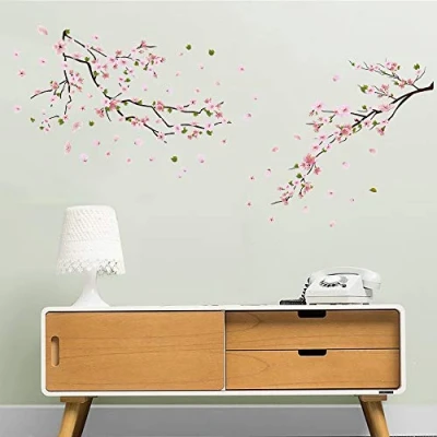 Image of ufengke Flower Peach Blossom Wall Stickers Tree Branch Decals Art Decor for Bedroom Living Room