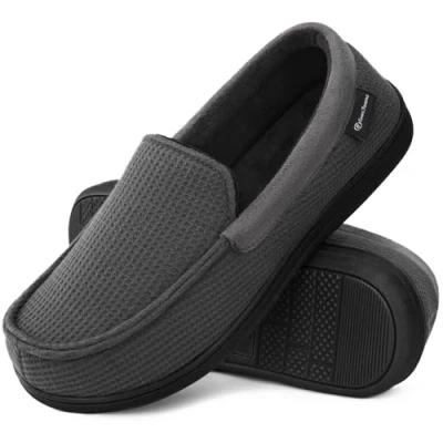 Image of EverFoams Men&#039;s Comfort Memory Foam Moccasin Slippers Breathable Terry Cloth House Shoes with Anti Skid Rubber Sole Light Grey 9 UK