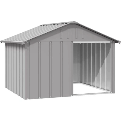 Image of vidaXL Galvanised Steel Dog House Grey Outdoor Kennel Pet Shelter Cage 116.5x103x81.5 cm with Weather Resistant Roof and Spacious Design