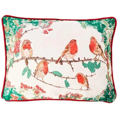 Image of Evans Lichfield Christmas Robins Chenille Cushion Cover, Multi, 43 x 33cm