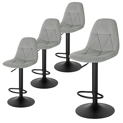 Image of Lestarain Bar Stools Set of 4 Adjustable &amp; Swivel Breakfast Kitchen Counter Pub Light Grey Soft Velvet Barstools Chairs Dining with Backs Footrest