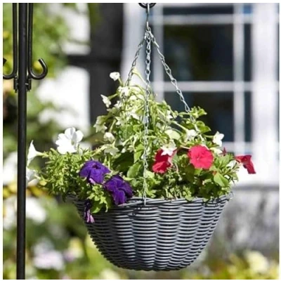 Image of Garden Mile Slate Rattan Hanging Basket Outdoor Durable For Decorations, Patio Flower Planters Weatherproof Planter (Slate Basket, 3)