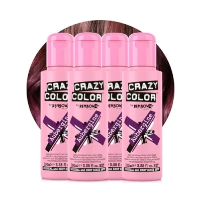 Image of Crazy Color Vibrant Aubergine Semi Permanent 4 Pack Quad Hair Dye. Highly Pigmented Wine Purple Conditioning &amp; Oil Nourishing Vegan Formula No Bleach or Ammonia 400ml