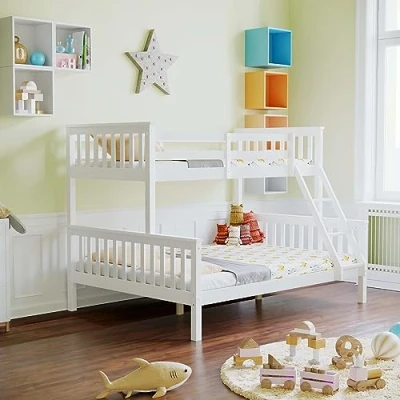 Image of Vida Designs Milan Triple Bunk Bed, Three Sleeper, Solid Pine Wood Frame, Kids Children, Double 4 Foot 6, Single 3 Foot, White