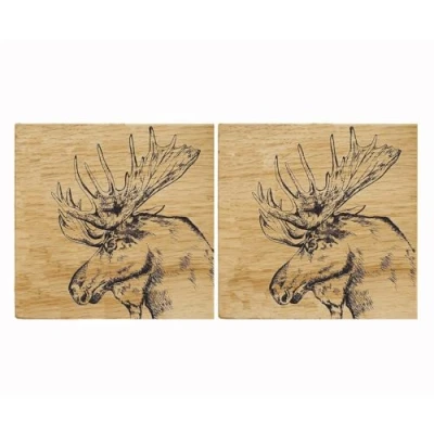 Image of Set of 2 Oak Wooden Coasters with moose design. 11cm x Square coasters. Drinks Gift for enthusiast.