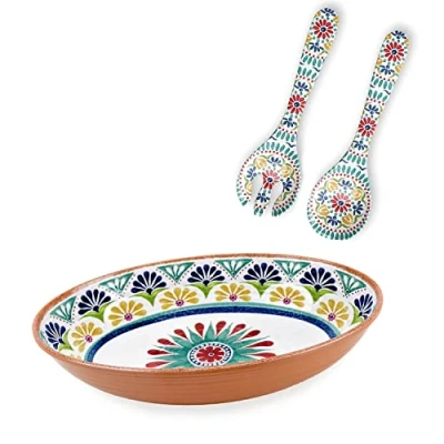 Image of Purely Home Rio Medallion Melamine/Plastic Outdoor/BBQ/Picnic Oval Bowl &amp; Salad Servers Set