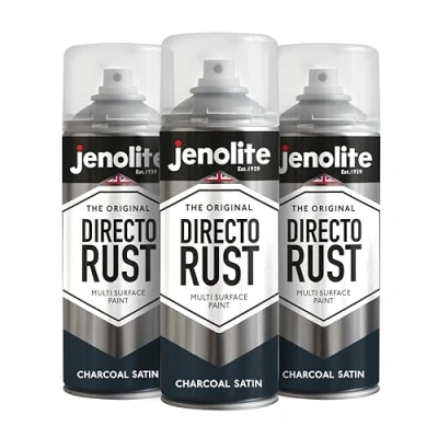 Image of JENOLITE Directorust Spray Paint Satin Finish Charcoal Grey 3 x 400ml Direct to Rust for Metal All in One Multi Surface Metal, Wood, Plastic, Ceramic RAL 7016