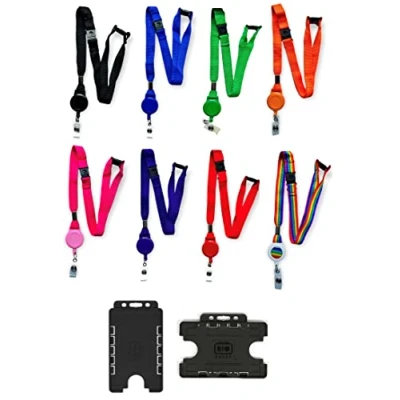 Image of Colourful 15mm Lanyard with Triple (3 Point) Safety Breakaway &amp; Retractable Integrated Badge Reel Double Black ID Card Holder (Blue, Vertical Holder)