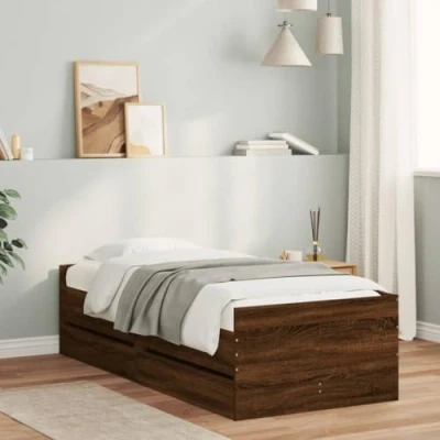 Image of vidaXL Single Bed Frame with Drawers Brown Oak, Engineered Wood, Plywood Slats, for Bedroom Use, Storage Bedstead 90x190cm