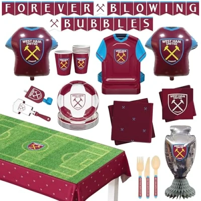 Image of West Ham United Official Party Supplies Set, 75 Piece Football Decorations, Serves 6, with Balloons and Tableware For Birthday &amp; Matchday celebrate (75)